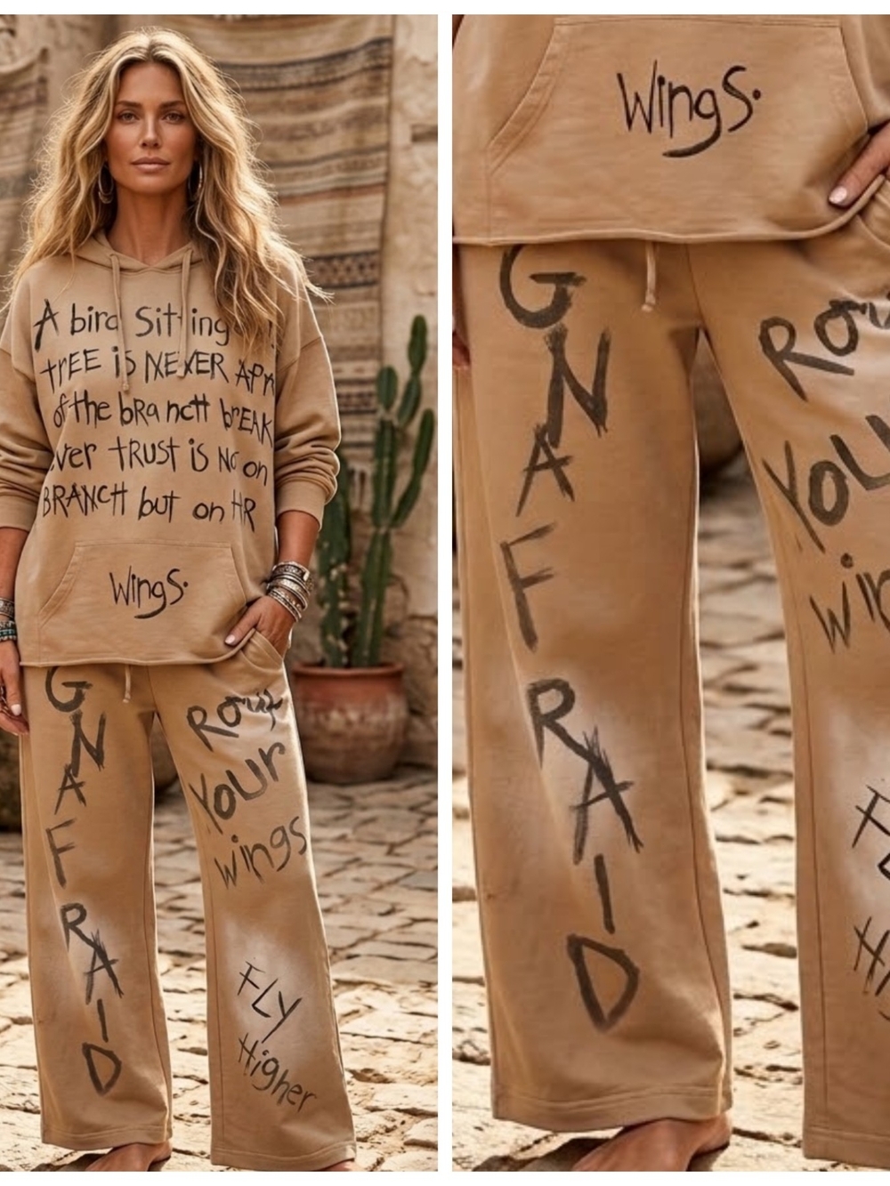 Rare Bird Trust Ur Wings Beige Wide-Leg Graphic Pants